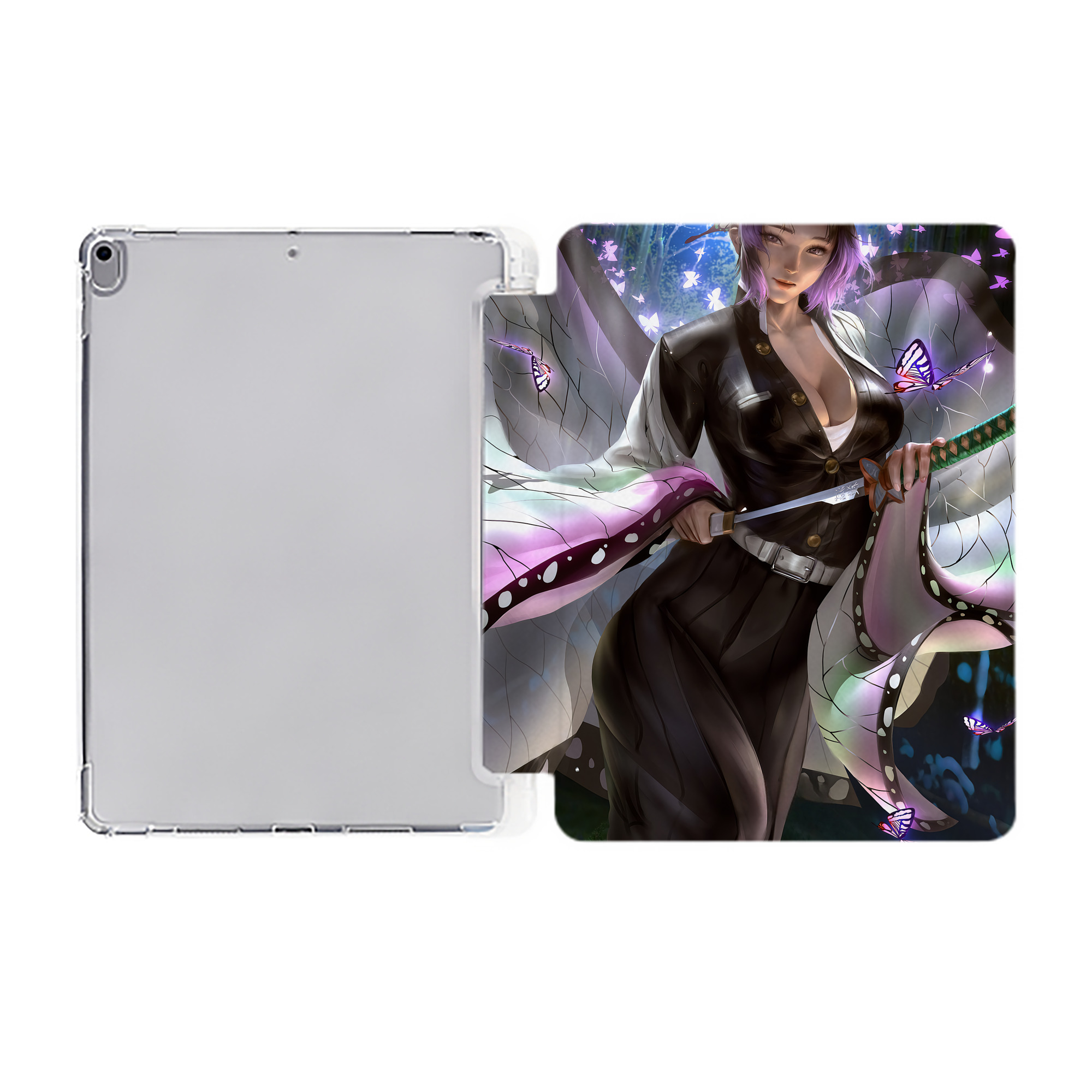 （画像用） 鬼滅の刃（きめつのやいば）蟲柱-胡蝶 しのぶ／こちょう しのぶ Kochou Shinobu IPad ケース ペン収納付き 三つ折りスタンド PUレザー×シリコン 対応機種9.5/10.5/10.9インチ